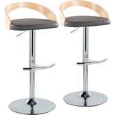 Grotto Adjustable Swivel Bar Stool in Chrome, Natural Wood & Grey Leatherette (Set of 2)